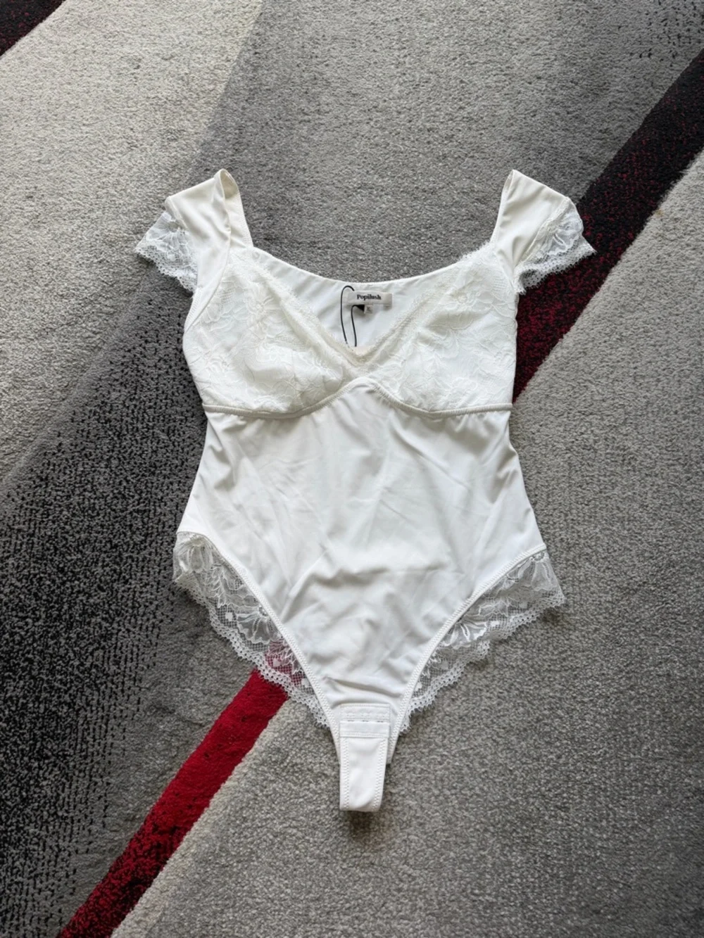 Popilush White Lace Cap Sleeve V Neck Shapewear Tummy Control Bodysuit - Picture 3 of 5